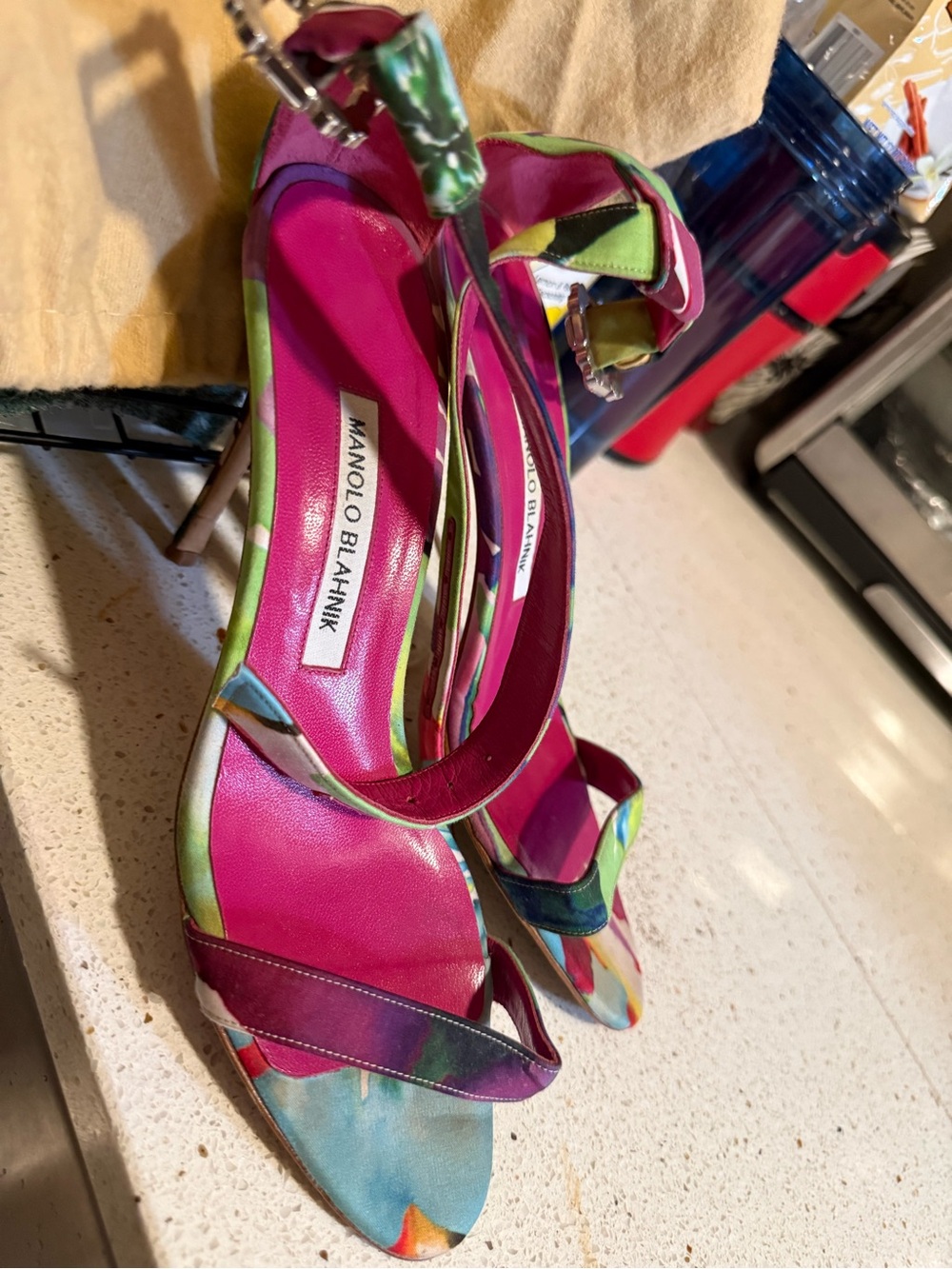 Manolo Blahnik Multicolor Satin Ankle-Strap Sandals with Pink Footbed - Picture 6 of 13
